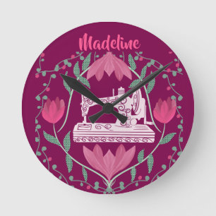 Vintage Sewing Machine:Floral Fuchsia Personalised Round Clock