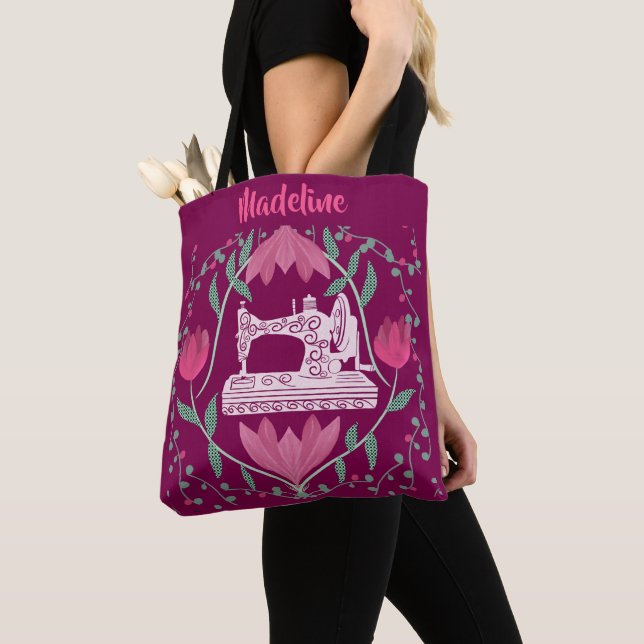 Vintage Sewing Machine & Floral Fuchsia  Tote Bag (Close Up)