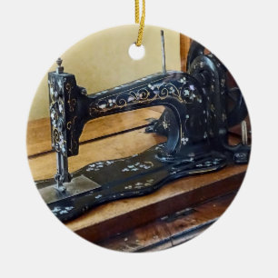 Vintage Sewing Machine With Floral Motif Ceramic Tree Decoration