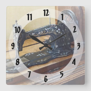 Vintage Sewing Machine With Floral Motif Square Wall Clock