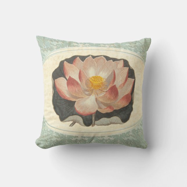 Vintage Shabby Botanical Peach Lotus Blossom Yoga Cushion (Front)