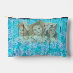 Vintage Shabby Chic 3 Little Girls Floral Accessory Pouch