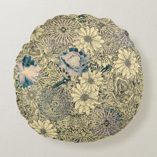 Vintage Shabby Chic Abstract Floral Illustration Round Cushion