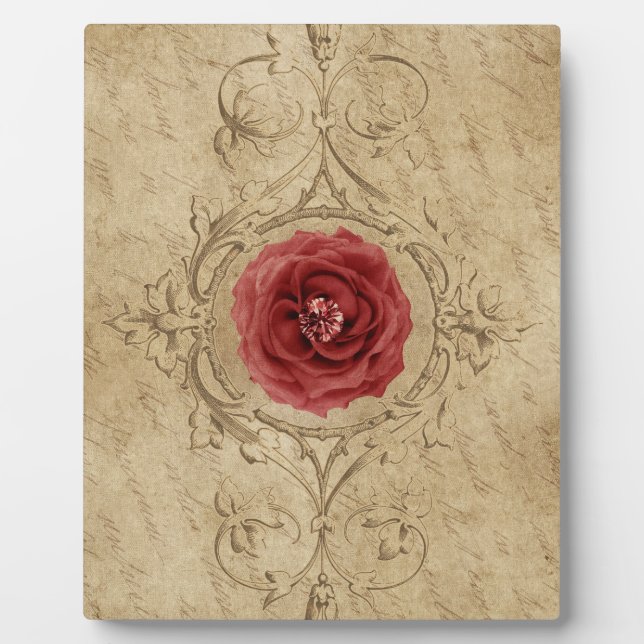 Vintage Shabby Chic Antique Single Red Rose Plaque (Front)