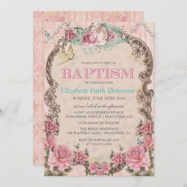 Vintage Shabby Chic Baptism Invitation (Front/Back)