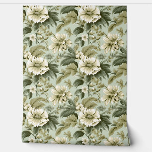 Vintage shabby chic floral green and ivory roses wallpaper