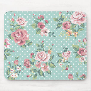 Vintage shabby chic floral teal pink girly mouse pad