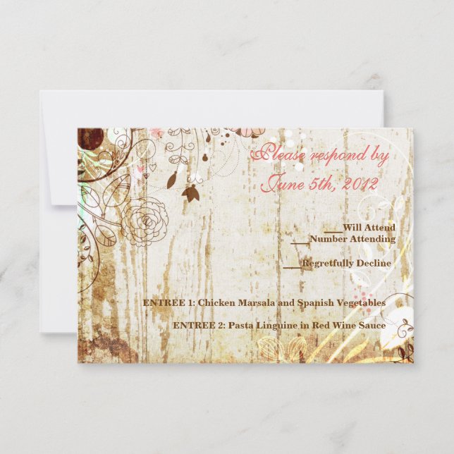 Vintage Shabby Chic Floral Wood Reception RSVP (Front)