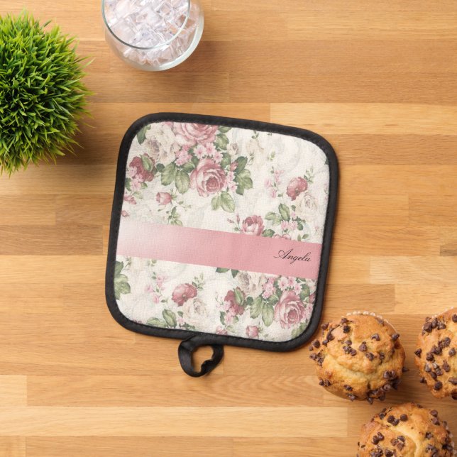 Vintage Shabby Chic Flowers-Personalised Pot Holder (Top Down)