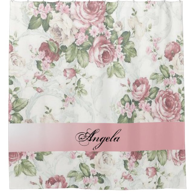 Vintage Shabby Chic Flowers-Personalised Shower Curtain (Front)