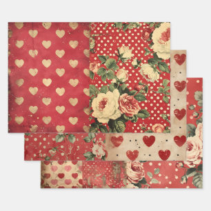 Vintage Shabby Chic Half Mix Red Floral Heart Spot Wrapping Paper Sheet
