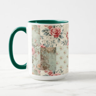 Vintage Shabby Chic Pastel Green Florals Patchwork Mug