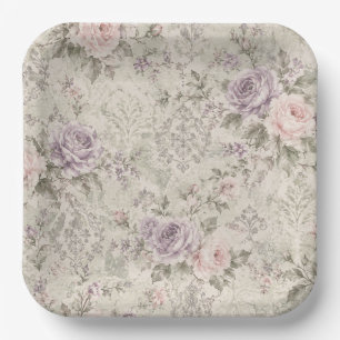 Vintage Shabby Chic Pink and Lavender Roses Lumbar Paper Plate