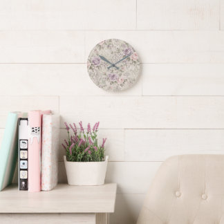 Vintage Shabby Chic Pink and Lavender Roses Wall C Round Clock