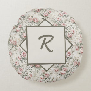 Vintage Shabby Chic Pink Floral Monogram Round Cushion