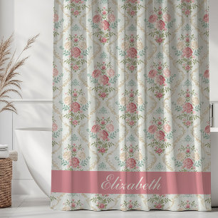 Vintage Shabby Chic Pink Floral Pattern Name Shower Curtain