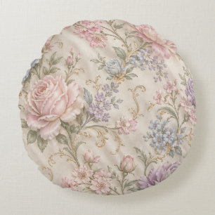 Vintage Shabby Chic Pink Peony Rose Floral Round Cushion