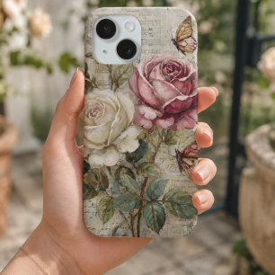 Vintage Shabby Chic Pink Rose and Butterfly  iPhone 15 Case