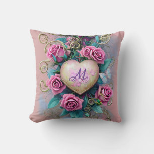 Vintage Shabby Chic Pink Rose and Heart Cushion