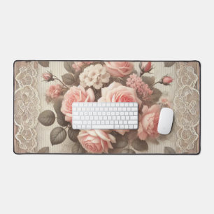 Vintage Shabby Chic Pink Rose Floral Desk Mat