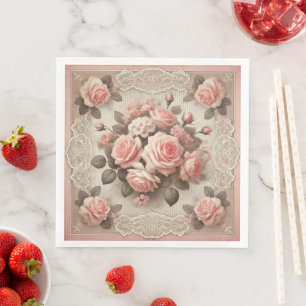 Vintage Shabby Chic Pink Rose Floral Napkin