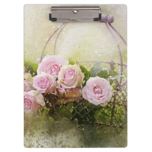 Vintage Shabby Chic Pink Roses In Basket Clipboard