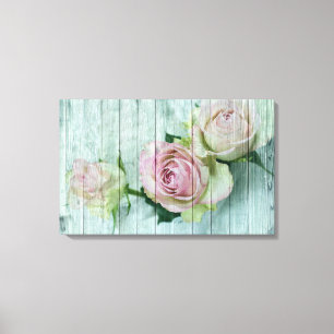 Vintage Shabby Chic Pink Roses On Blue Wood Canvas Print
