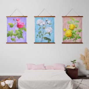 Vintage Shabby Chic Pink White Yellow Roses 3  Hanging Tapestry