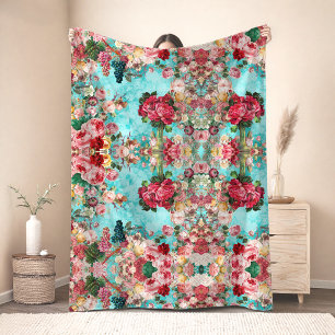 Vintage shabby chic roses and vase blue fleece blanket