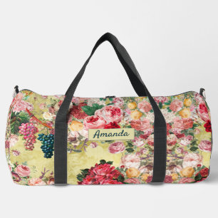 Vintage shabby chic roses and vase yellow printed duffle bag