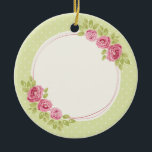 Vintage Shabby Chic Roses Frame Ceramic Tree Decoration<br><div class="desc">Elegant vintage floral frame featuring soft pink roses and a delicate polka dot background, perfect for creating personalised designs for special occasions. This romantic shabby chic style design is ideal for wedding invitations, bridal showers, baby showers, greeting cards, and custom gifts. The soft colour palette and classic floral elements create...</div>