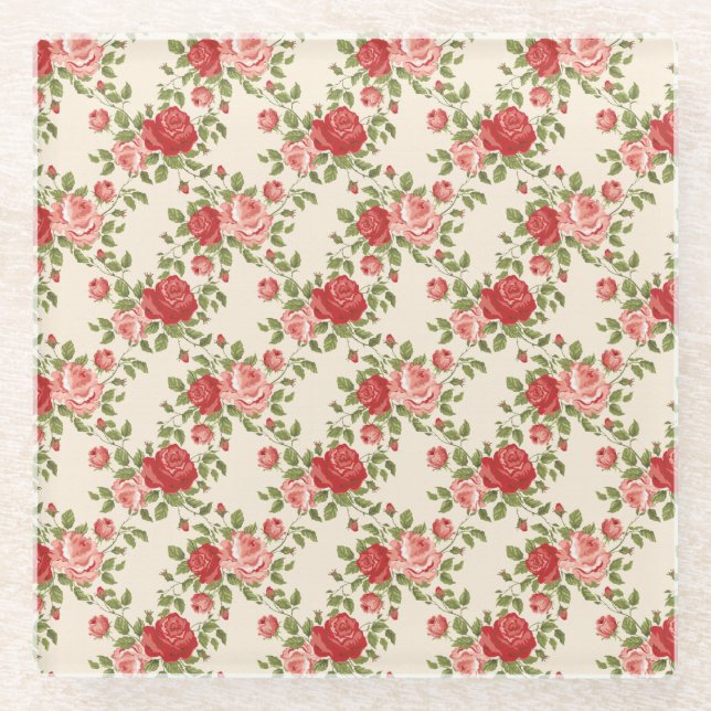Vintage Shabby Chic Roses Pattern Glass Coaster (Front)