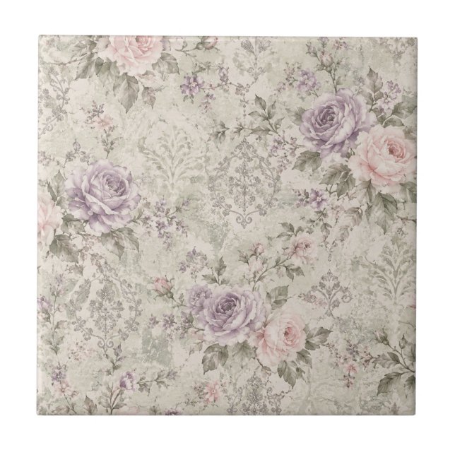 Vintage Shabby Chic Roses Square Wall Clock Tile (Front)