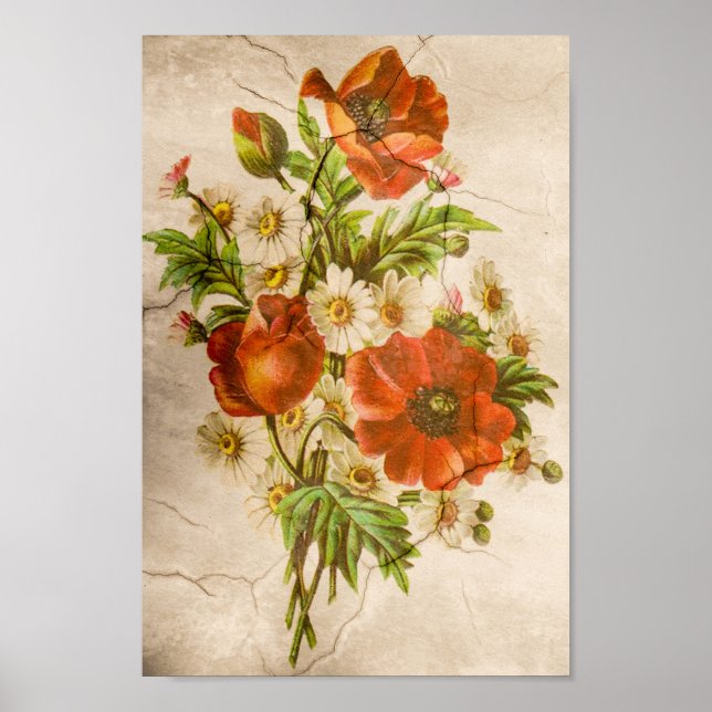 Vintage Shabby Chic Rustic Poppy Bouquet Poster (Front)