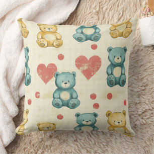 Vintage Shabby Chic Teddy Bear Gingham Pattern (1) Cushion