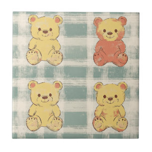 Vintage Shabby Chic Teddy Bear Gingham Pattern (2) Tile