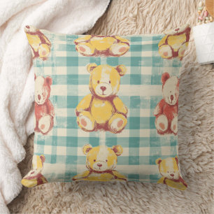 Vintage Shabby Chic Teddy Bear Gingham Pattern (3) Cushion