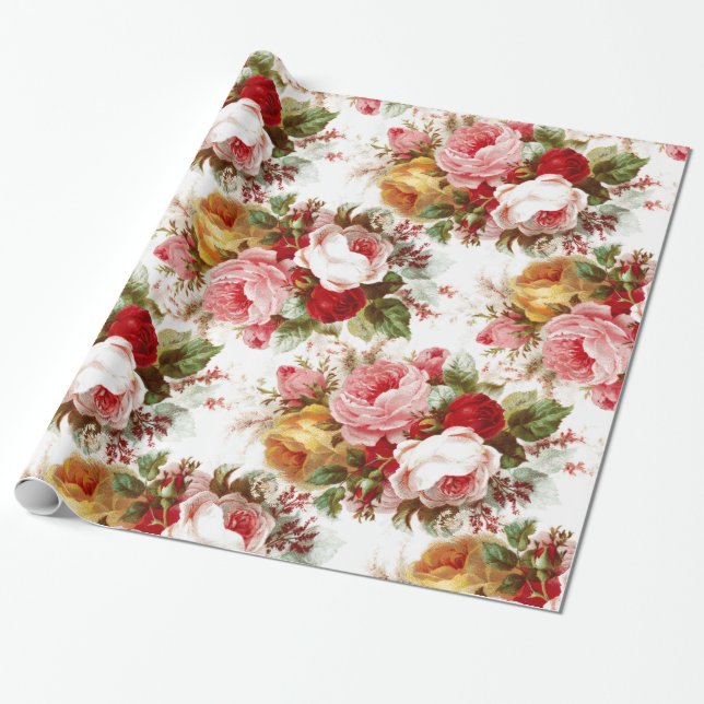 Vintage Shabby Chic Wedding Floral Wrapping Paper (Unrolled)