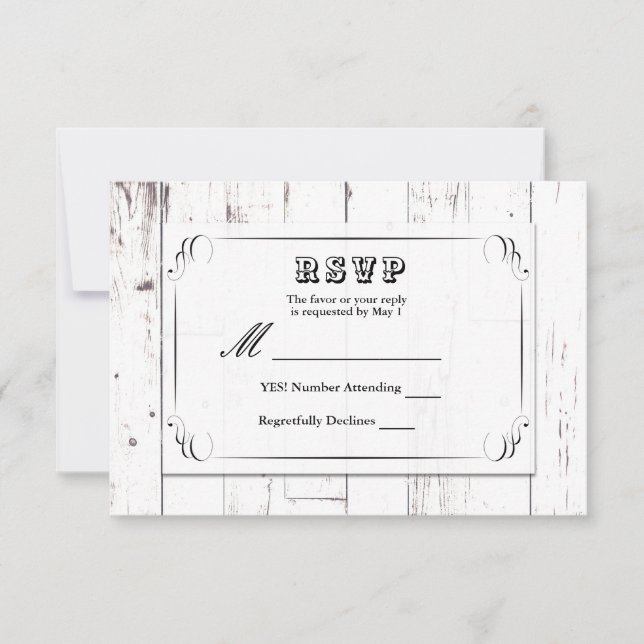 Vintage Shabby Chic White Wood Barn Wedding RSVP (Front)