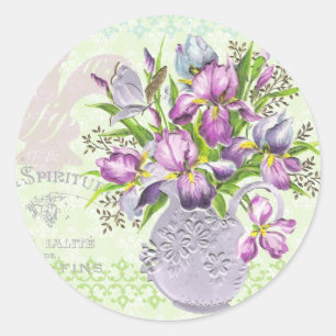 Vintage Shabby Purple Flowers Whimsical Green Classic Round Sticker
