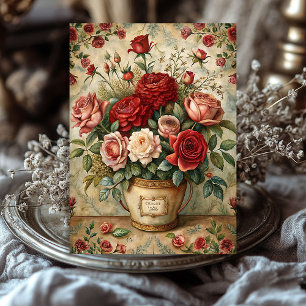 Vintage shabby red roses bouquet in retro vase tissue paper