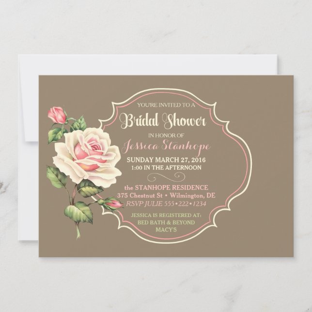 Vintage Shabby Rose Bridal Shower Pink Creme Invitation (Front)
