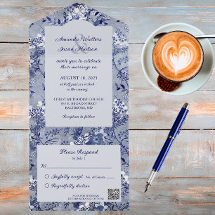 Vintage Shades of Blue Floral with QR Code All In One Invitation