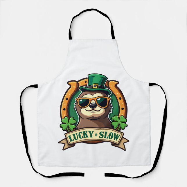 Vintage Shamrock Sloth Lucky Clover Graphic 2 Apron (Front)