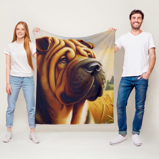 Vintage Shar-Pei Painting Fleece Blanket (In Situ)