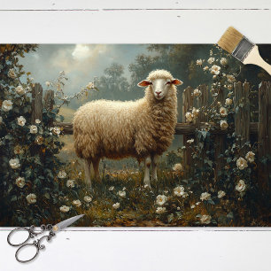 Vintage Sheep Among White Flowers Painting Tissue Paper