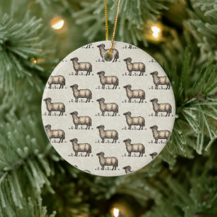Vintage Sheep Illustration: Farm Classic Art Ceramic Tree Decoration