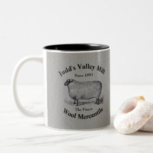 Vintage Sheep Image Judd's Valley Wool Mercantile Two-Tone Coffee Mug