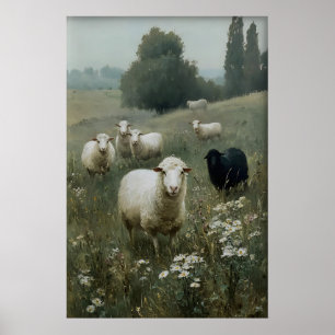 Vintage Sheeps Print, Black Sheep Farmhouse Decor
