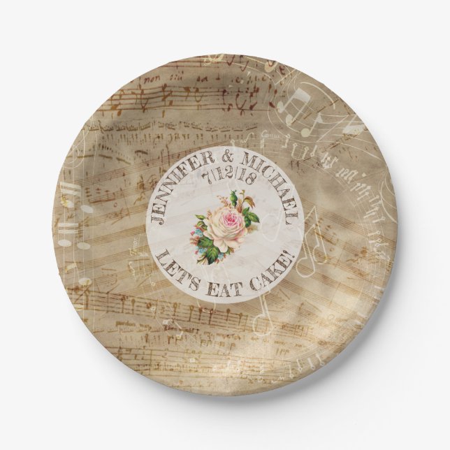 Vintage Sheet Music Antique Rose Cake Paper Plates (Front)